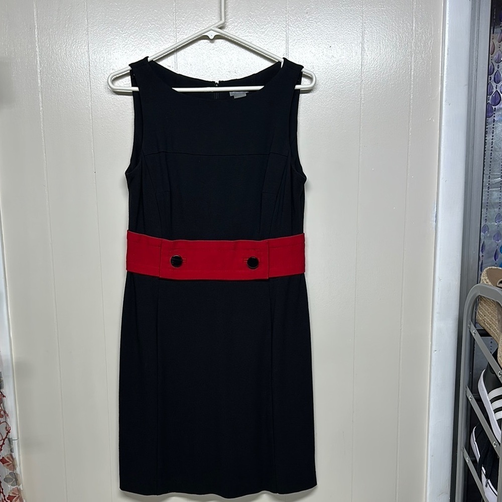 Ann Taylor Black Sheath Dress with Red Waistband